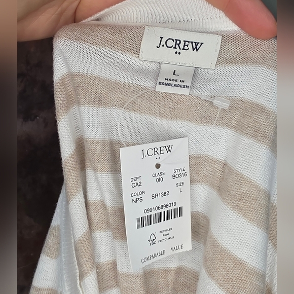 JCrew Sweater Crewneck Long Sleeve Tan Sand Fawn Cream White Striped L - Picture 6 of 9